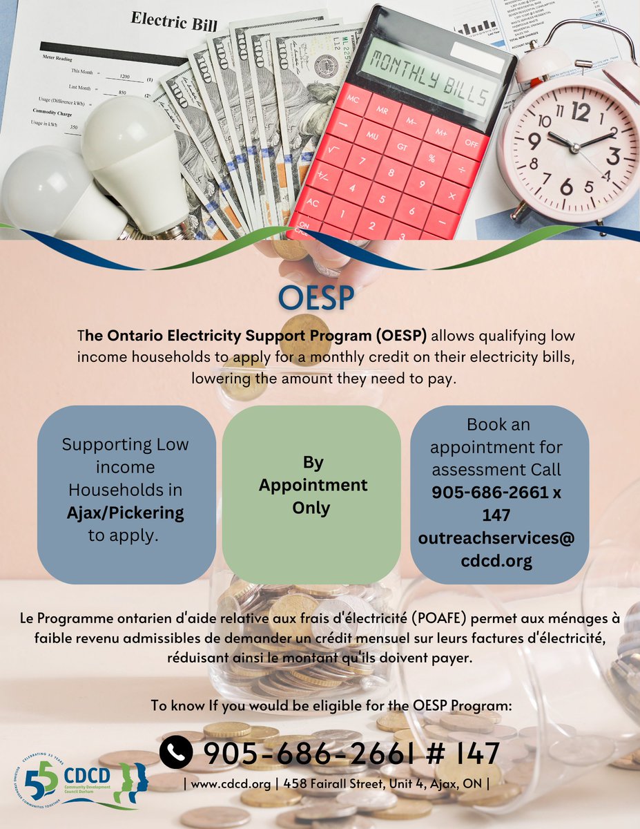 CDCDurham's tweet image. Need help lowering your electricity bill? The Ontario Electricity Support Program (OESP) provides monthly credits to eligible low-income households. CDCD’s Outreach Workers are here to assist you with your application—let us help you get the support you deserve!
#CDCD #OESP