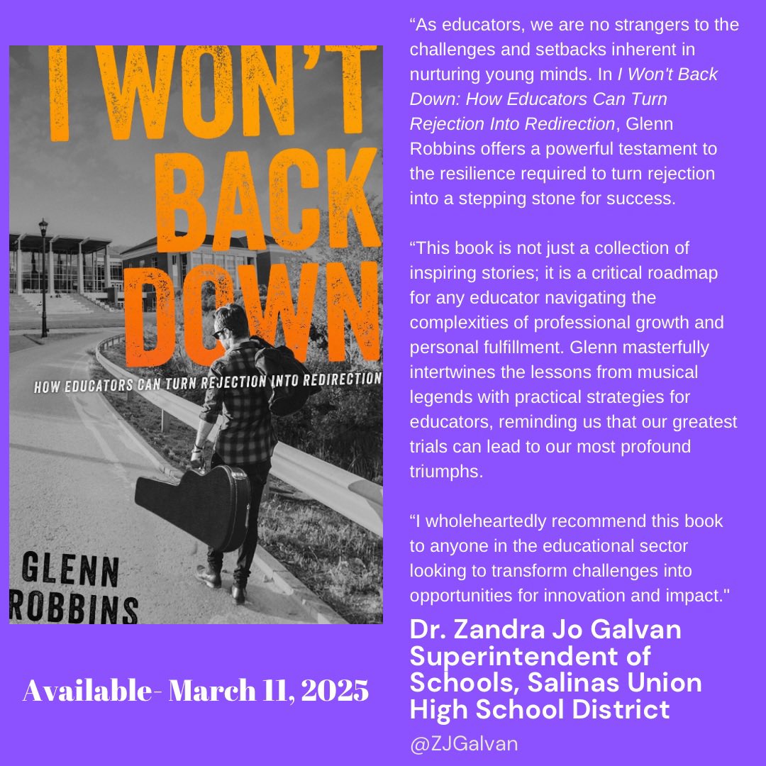 GlennGRobbins's tweet photo. Just dropped like a surprise album!
I Won’t Back Down is a mixtape of music, rejection & redirection—made for educators.
From Elvis to Eazy-E, it’s your reminder: Rejection isn’t the end, it’s the opening act.
Grab your copy & turn it up!
#IWontBackDownBook #EduRockstar https://t.co/CmksqgLTc7
