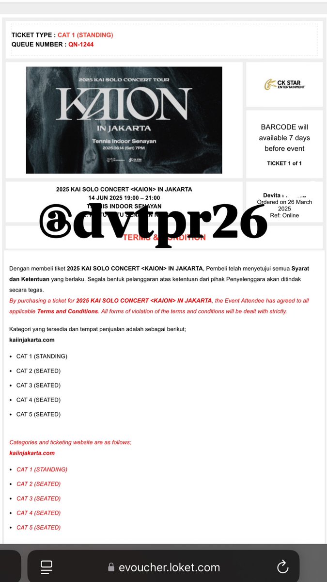 dvtpr26's tweet photo. WTS:
KAION IN JAKARTA 14 JUN 25 
Cat 1 - QN 1244 
PRICE: 3 JT

alasan: ada nikahan sepupu di tgl sgitu😭
no tipu aku bisa kasih proof bukti nyaaa ya 

please help me biar ga angus tiketnya krn sebelumnya udh ketipu tiket juga 2.3 jt cat 2 😭😭😭😭😭 https://t.co/iPr43RWzxt