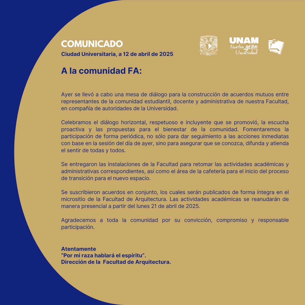 #ComunicadoFA 12 de abril de 2025. A la comunidad FA.