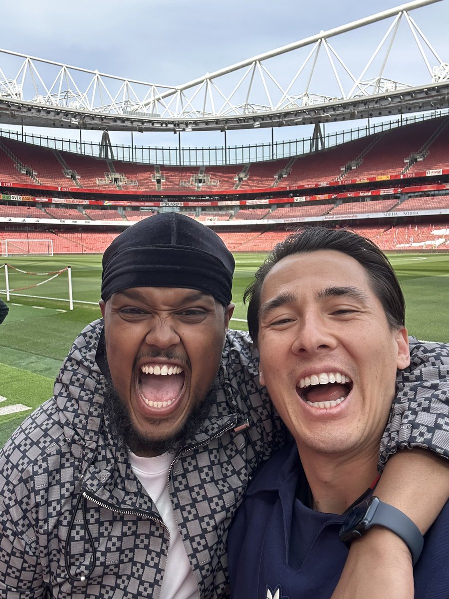 MichaelTimbs's tweet photo. Back at the scene of our greatest night at the Emirates.

Hosting @Arsenal’s #LiveFromN5 today and bumped into my brother @Chunkz on the sideline too 🙌 https://t.co/jmSk77AkId