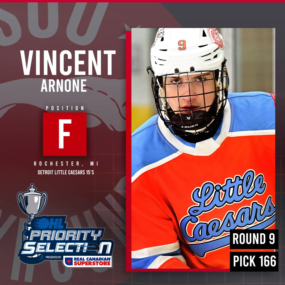OHLHoundPower's tweet photo. With the 166TH overall pick in the 9th round of the 2025 OHL Priority Selection, The Soo Greyhounds select:
VINCENT ARNONE!
WELCOME TO THE RED & WHITE
#OHLDraft https://t.co/1Tsi8QnxUw