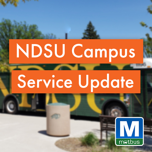 Thursday, April 17 is the last day NDSU campus circulator routes will be running, before they pause for the spring recess. This includes Routes 31, 33, 34, and NDSU On-Demand. These routes will resume on April 22, when class is back in session.