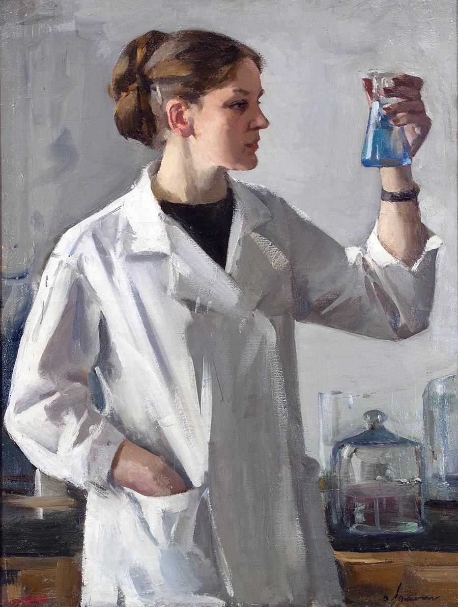 sovietvisuals's tweet photo. "Lab assistant" painting by Oleg Lomakin, 1970s. https://t.co/z5wbGs3lOQ