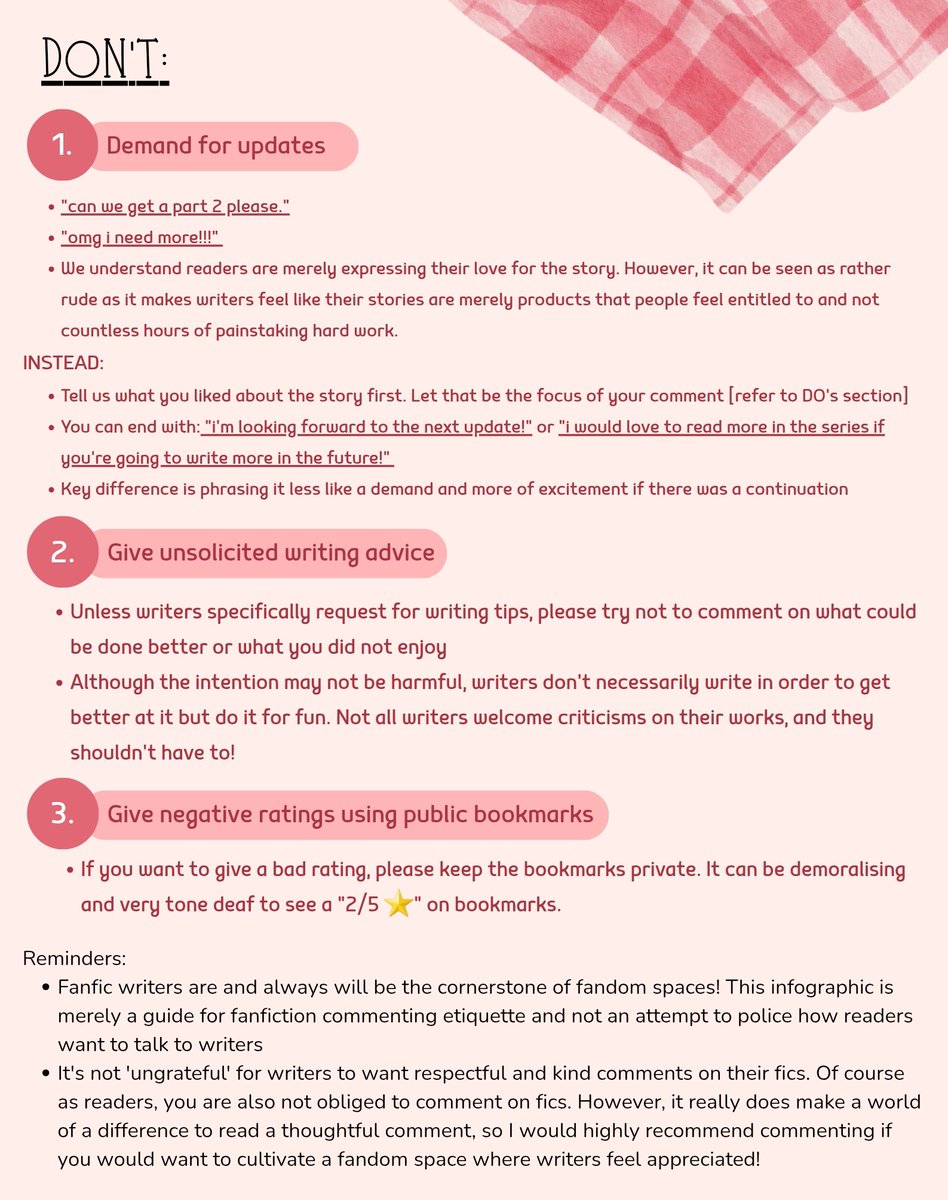 a short guide on fic commenting etiquette based on my experience as both a writer and commenter on fics!