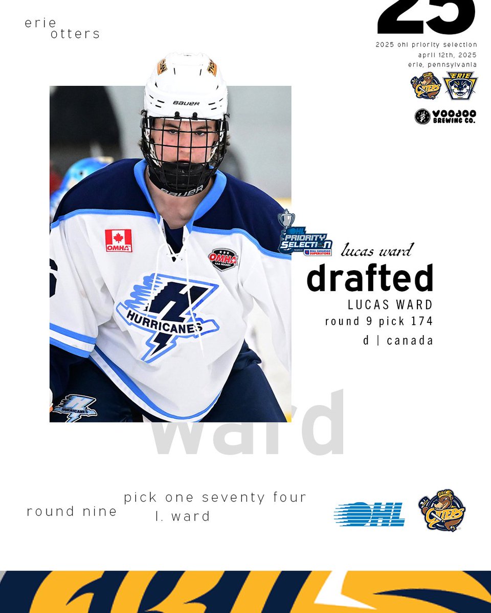 ErieOtters's tweet image. With the 174th overall pick in the 2025 @ohlhockey Priority Selection Draft, the Erie Otters select Halton Hurricanes, Defenseman, Lucas Ward! Welcome to Erie!

@voodoobrewery Draft Weekend | #OHLDraft