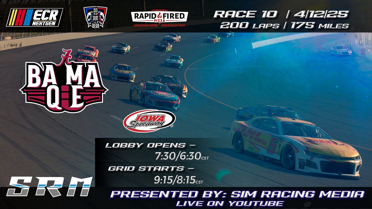 Raceday! Tonight, we head to the virtual <a href="/iowaspeedway/">Iowa Speedway</a> for the BAMA QUE 200!

With 200 action packed laps who will claim the 🏁 tonight? Tune in and find out at <a href="/SimRacingMedia1/">Sim Racing Media</a> calls the race live on <a href="/YouTube/">YouTube</a> 

youtube.com/live/jWC3mQBl6…