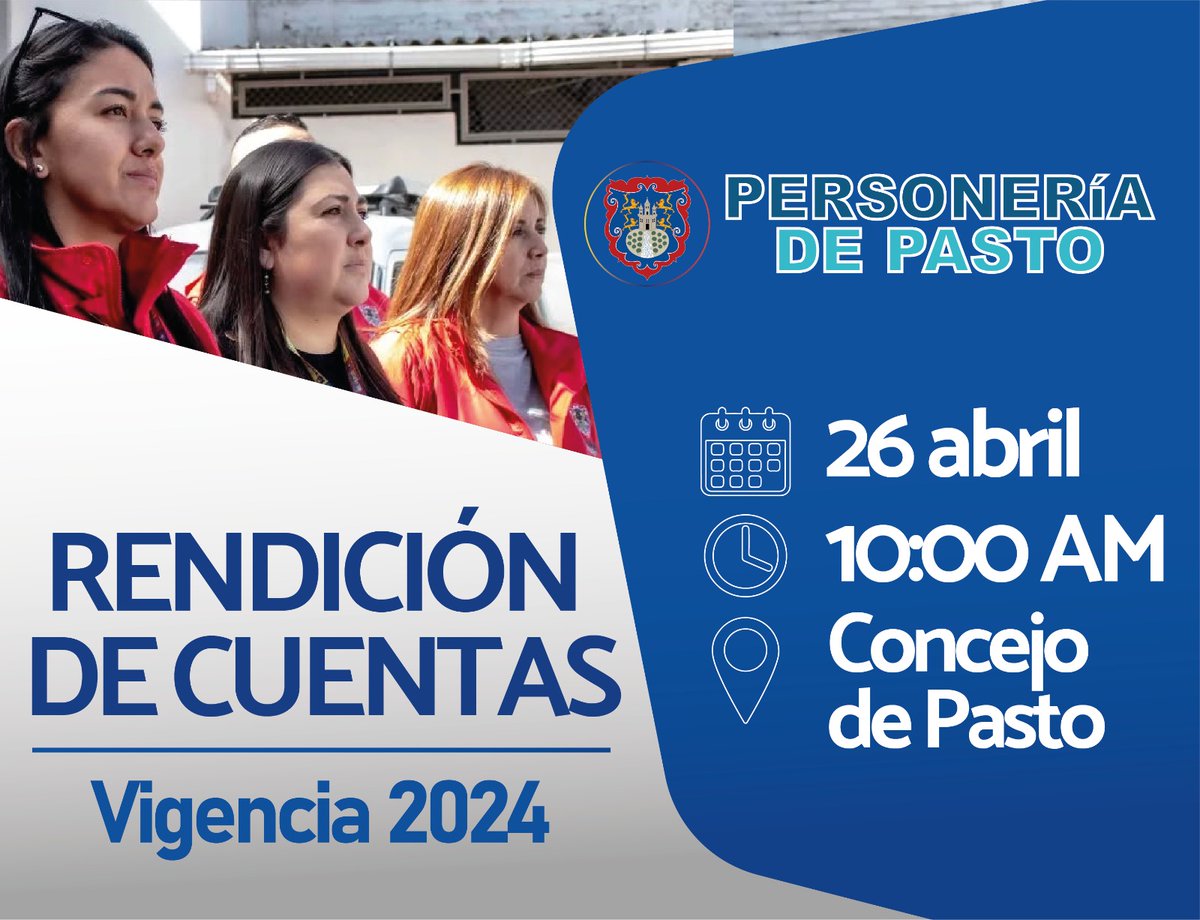 La Personería Municipal de Pasto presentará su Rendición de Cuentas – Vigencia 2024 📝

📅 26 de abril
🕙 10:00 a.m.
📍 Concejo Municipal de Pasto

Te contaremos cómo trabajamos por la defensa de tus derechos, el control de la gestión pública y el servicio a la comunidad.