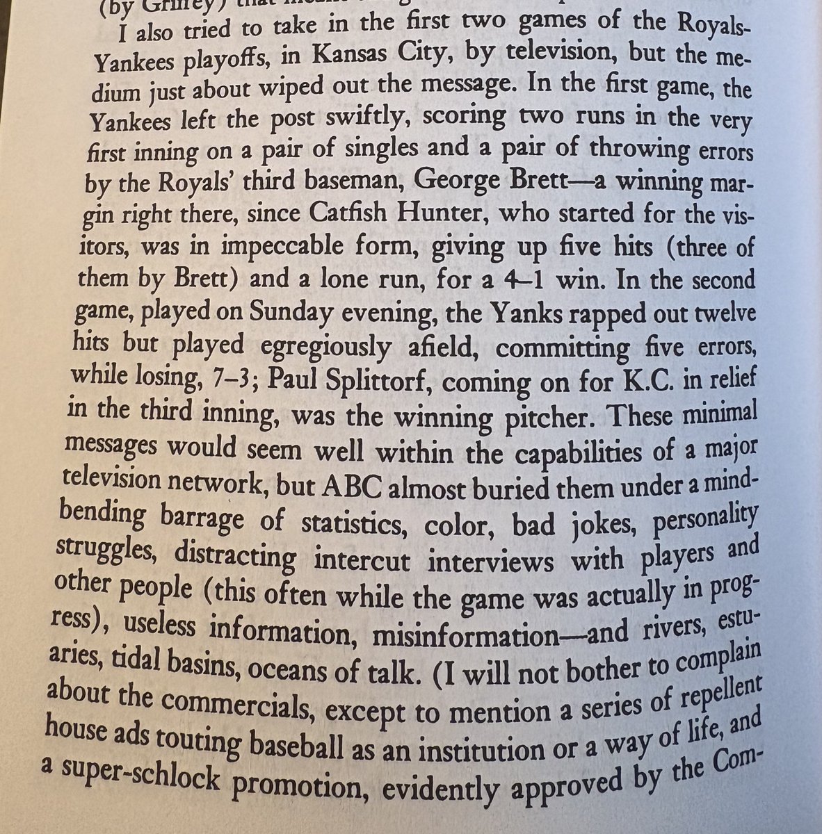 cjscalia's tweet photo. Roger Angell, who wrote about baseball for the New Yorker, was good at his job. I’ve been reading some of his essays from the 70s and they’re tremendous. Here, he’s unimpressed by ABC’s coverage, and especially Howard Cosell. https://t.co/UyHthQt0lJ
