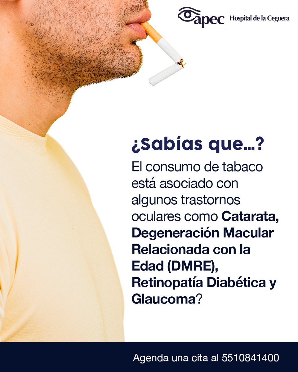 ¡Protege tu visión! Fumar no solo perjudica la salud de tus pulmones y corazón, sino que también influye de manera significativa en tu salud visual. Agenda una cita al 5510841400.¡Nuestros especialistas te pueden ayudar. 
#APEC #SaludVisual #Catarata