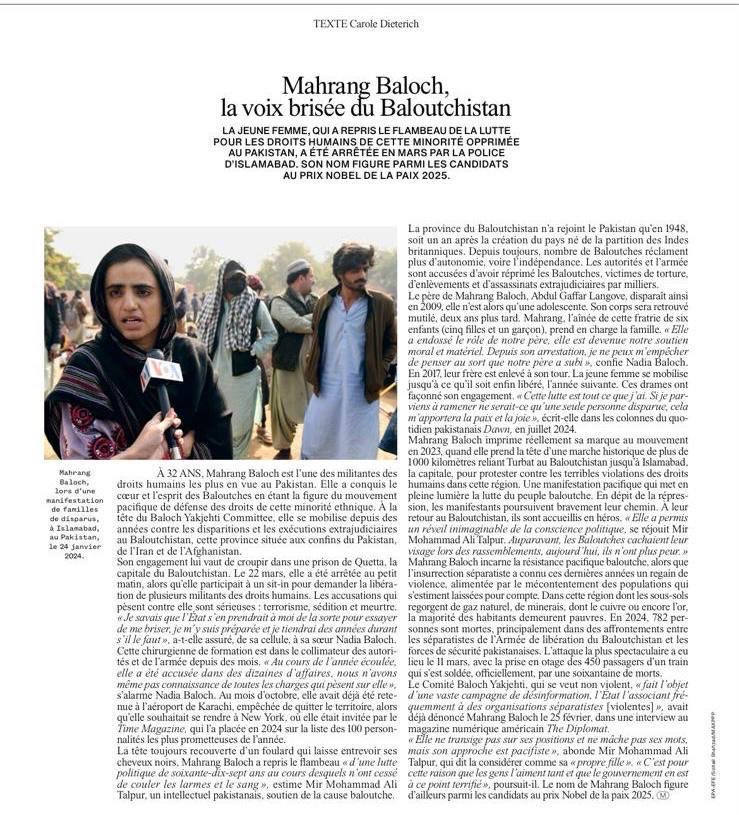 NadiaBaloch99's tweet photo. I spoke to @caroledieterich, a French journalist, about my sister Dr. Mahrang Baloch, her struggle and the reprisals she has faced for her work. Her profile was published in Le Monde, one of France’s most prominent newspapers, often compared to The New York Times. The online version will be released on Monday.