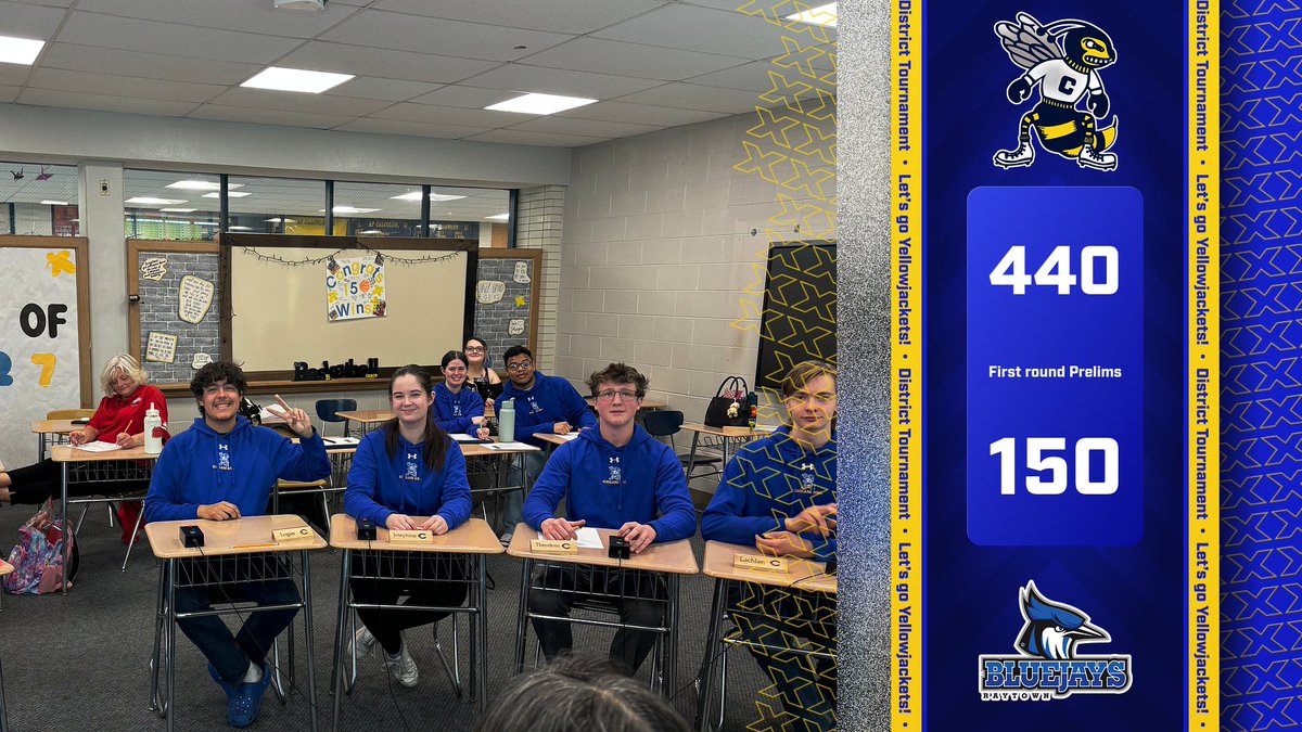 CHSAthletics58's tweet photo. 🏆 DISTRICT TOURNAMENT UPDATE: Our Yellowjackets dominated the First Round Prelims against Raytown, securing a 440-150 victory! The buzz continues! #CenterPride https://t.co/xB09KwP79r