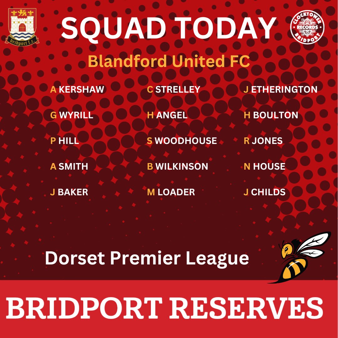 Our Reserves Squad for today's home game vs Blandford United 

Kick Off 3pm
Sponsor Clocktower Records Bridport

#Beelieve