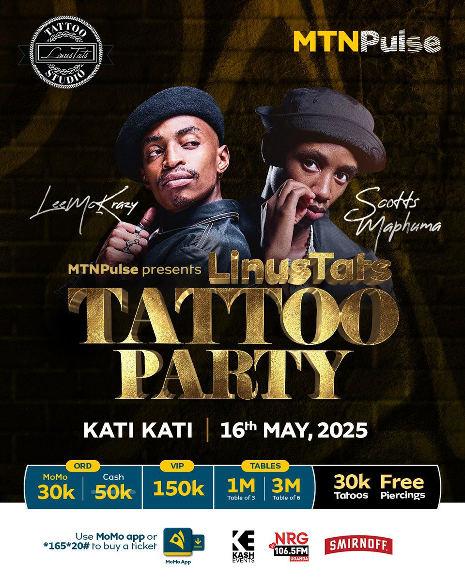 mtnug's tweet photo. .#MTNPulse presents The BIGGEST  #TattooParty hosted by @LinusTats at Kati Kati on May 16th.🔥

We’re turning up with South Africa’s 🇿🇦finest: @LogoLeemckrazy &amp; @ScottsMaphuma. 🎶 
Get your discounted tickets via *165*20# or the MoMo App! #LinusTatsMTNPulse https://t.co/NRpvzeFwKQ