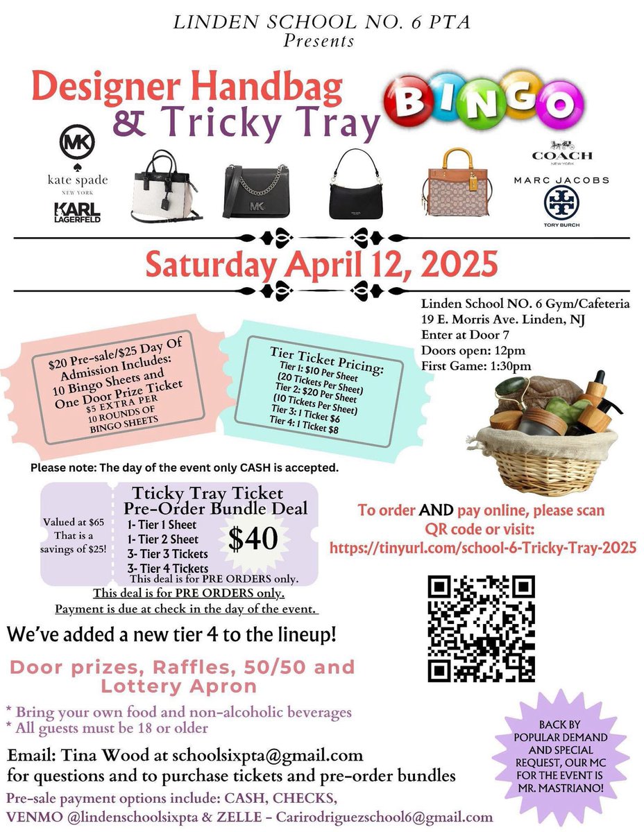 ☔️Rain won’t stop us! Join us TODAY for our biggest fundraiser: Designer Bag Bingo &amp; Tricky Tray!

💥Support our students and staff during PTA funded events. 

🚨Open to the public—help us sell out!

📧 schoolsixpta@gmail.com for info!