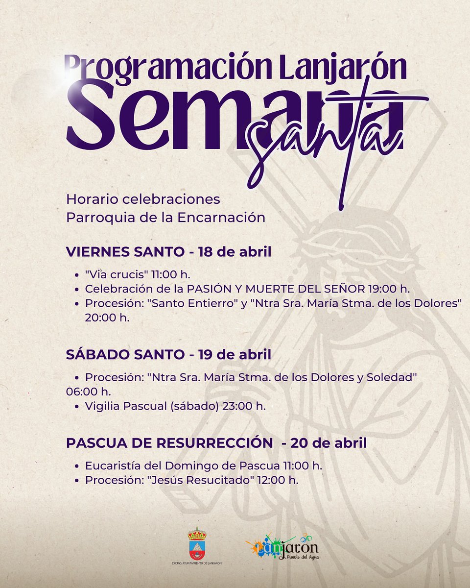 La #SemanaSanta llega a #Lanjarón.
Del Domingo de Ramos al Domingo de Resurrección, nuestras calles se llenan de solemnidad, incienso y sentimiento. 
Consulta la #Programación completa y acompáñanos en una Semana Santa inolvidable.