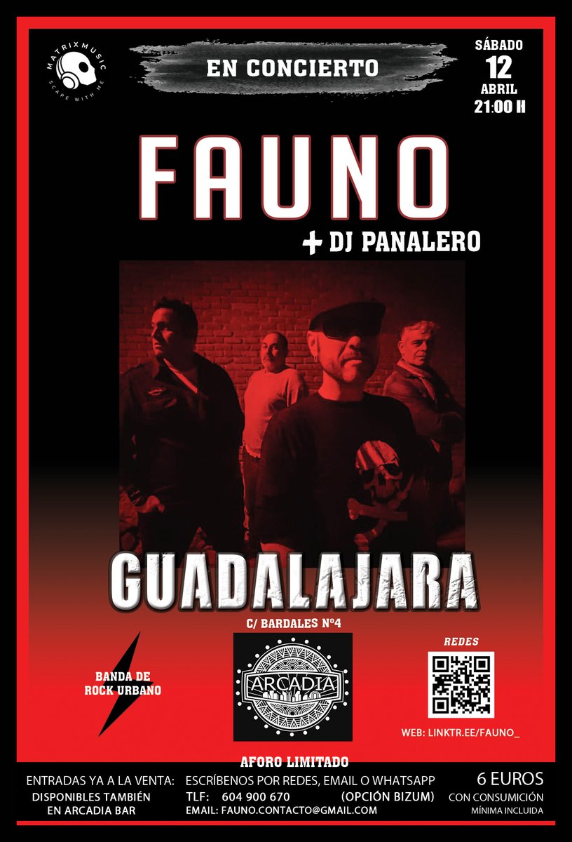Esto es hoy. A las 21.00 h. 

🎸 Fauno
🎧 Dj Panalero
📆 12/Abril/Sábado
🕚 21:00 h.
📍 Arcadia Bar 
C/ Bardales Nº4 (Guadalajara)

🎟 Entrada: 6 euros (Consumición incluida. Cerveza o refresco).

.
.
.
.
.
#Concierto
#Guadalajara
#Arcadia
#Rock