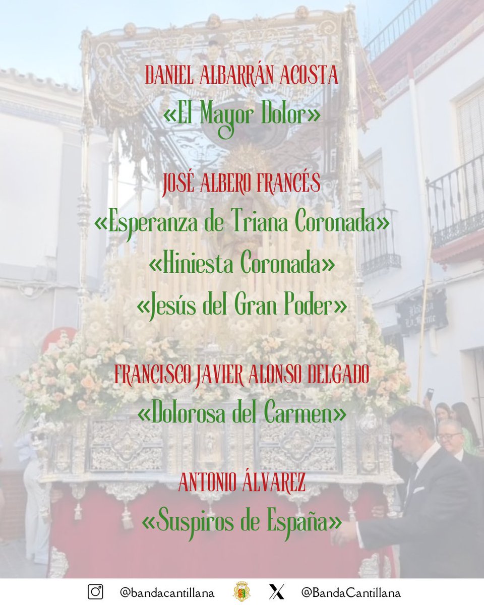 BandaCantillana's tweet photo. 🔵 ¡A poco más de 24 horas para que comience nuestra #SemanaSanta25, os dejamos el repertorio que interpretaremos!

💙 ¡En Semana Santa, #SuenaCantillana!

🧵¡Abrimos hilo!

#TDSCofrade https://t.co/FqKfiC6Lq0