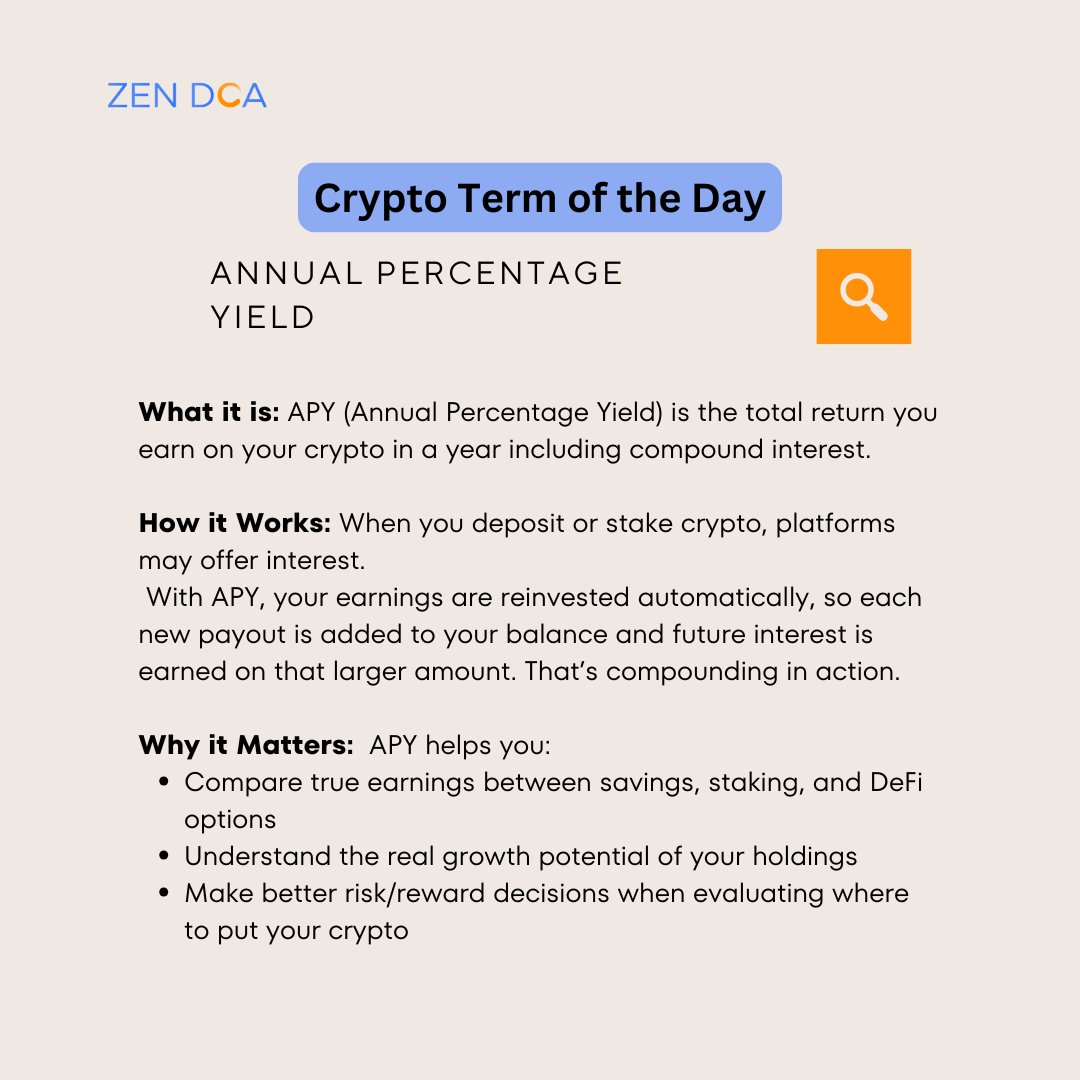 Crypto Term of the Day: APY (Annual Percentage Yield) 

It shows what you actually earn from staking or saving your crypto including compound interest.
Don’t confuse it with APR.
If you’re stacking for long-term growth, APY tells the real story.

#ZenDCA