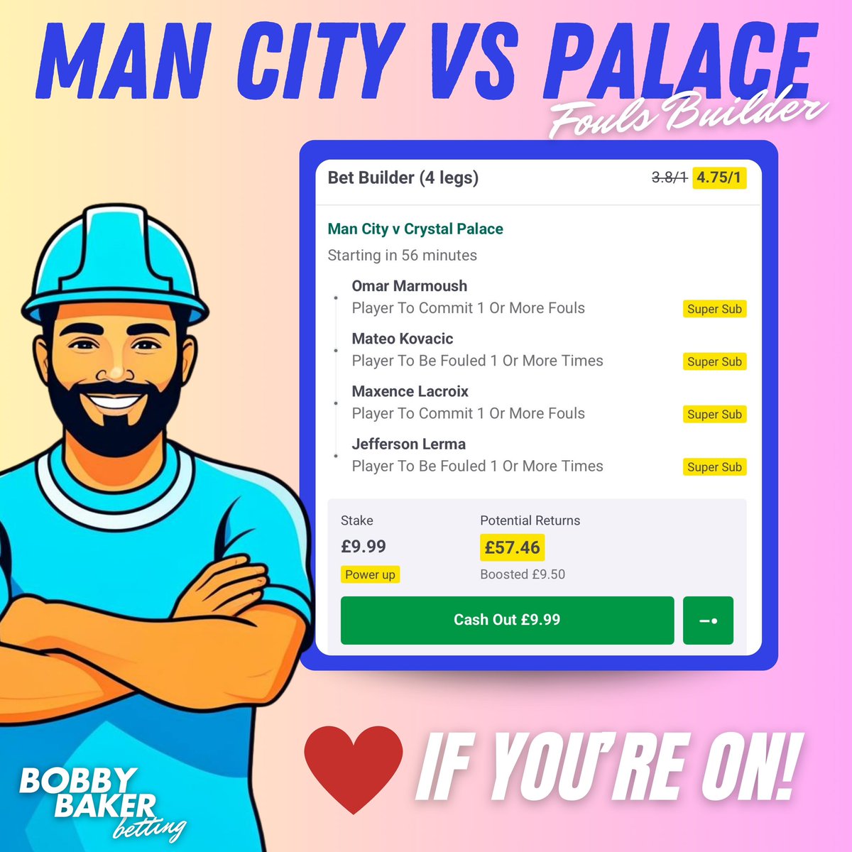 BobbyBakerBets's tweet photo. 🔥MAN CITY VS CRYSTAL PALACE BUILDER🔥

Built on consistent fouls data…

👊Marmoush 1+ fouls  = 9/10 matches
🤕Kovacic 1+ fouls drawn = 8/10
👊Lacroix 1+ fouls  = 7/10, faces Marmoush who draws 2 per 90 mins on average
🤕 Lerma 1+ fouls drawn = 10/10

❤️ IF FOLLOWING! https://t.co/UnijcdT6l6