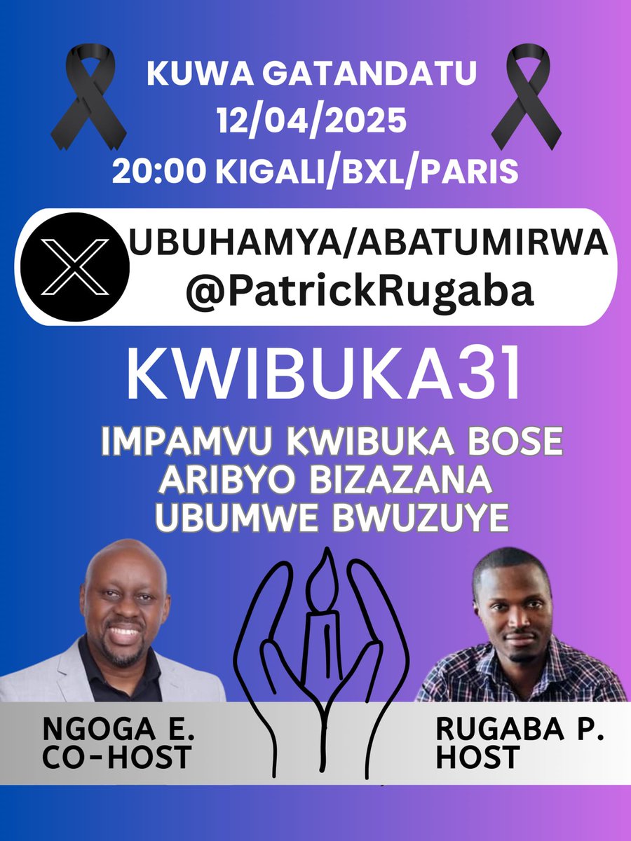 Murwego rwo gukomeza #Kwibuka,kuzirikana no guha icyubahiro inzirakarengane zose zazize amahano yagwiriye igihugu cyacu.Uyumunsi taliki 12/04/2025 mukiganiro TWITEGURE IMPINDURAMATWARA turifatanya n’Abanyarwanda bose n’inshuti zabo #Kwibuka31.

Ni Sambiri z’umugoroba ( 20hr00) ku