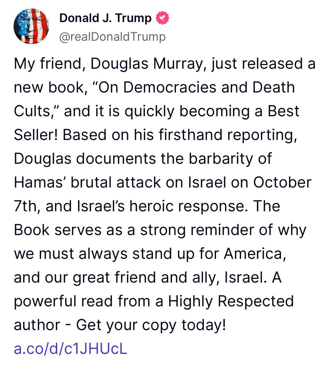 Trump is promoting Douglas Murray’s book just a day after his failed damage control attempt on Joe Rogan.

How much shilling for Israel is too much before his supporters will admit this is a problem?