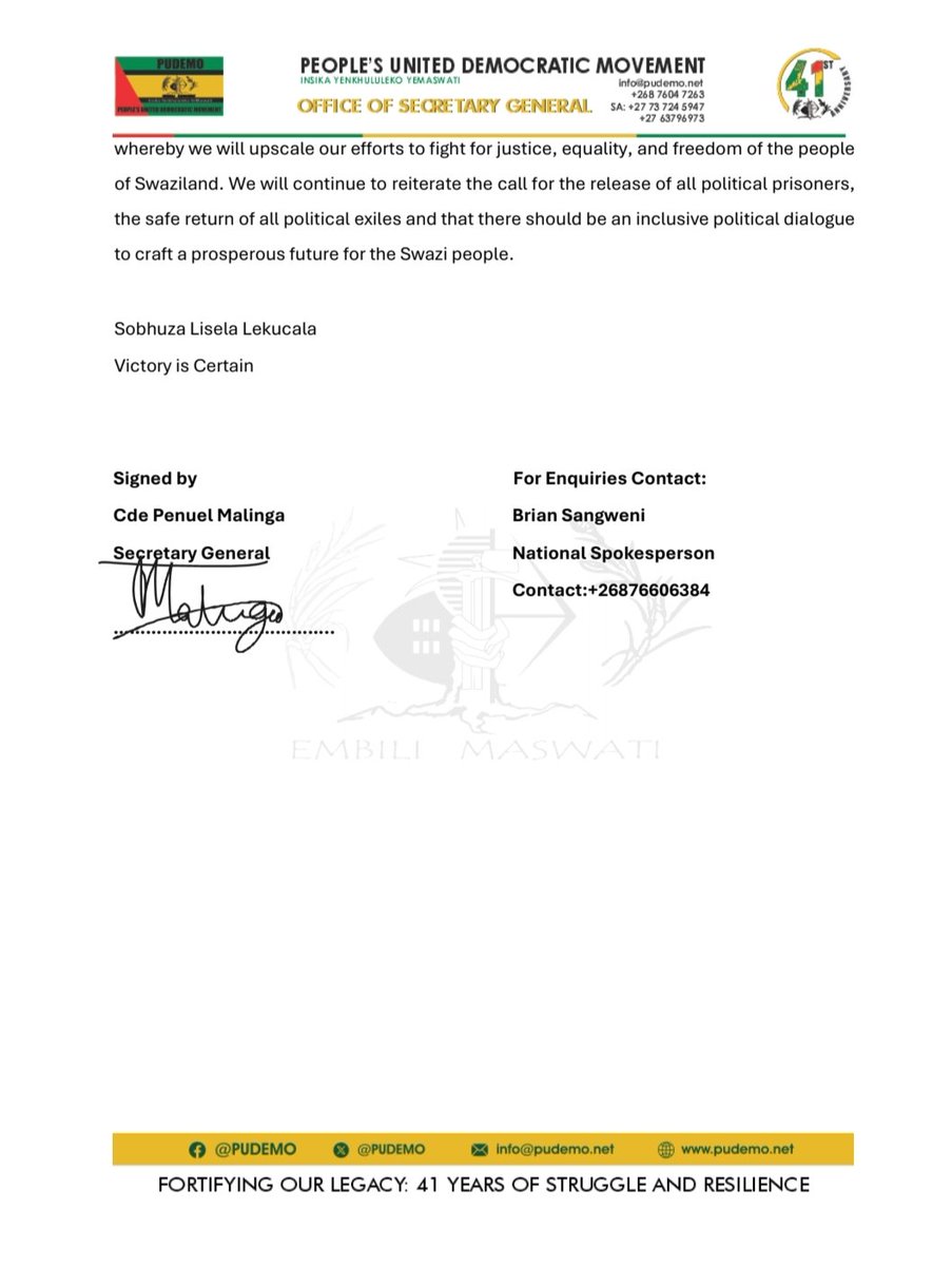 PUDEMO statement on 12 April 1973 King Sobhuza II Proclamation

52 years later, royal supremacy rule is unworkable and the repression against dissents has reached unprecedented levels.