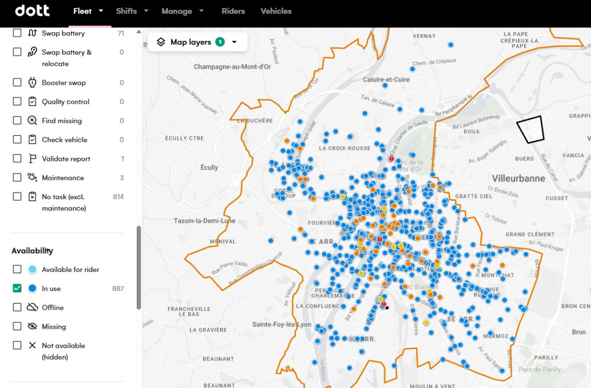 When shared micro-mobility 🛴 becomes a macro-solution 💡Here in Lyon, France: 900 riders at same time (peak time, 33% of fleet in-use) with usage records (Rides per Available Vehicle - RpAV above 6 since Thursday). Together, let’s change mobility for good 💙