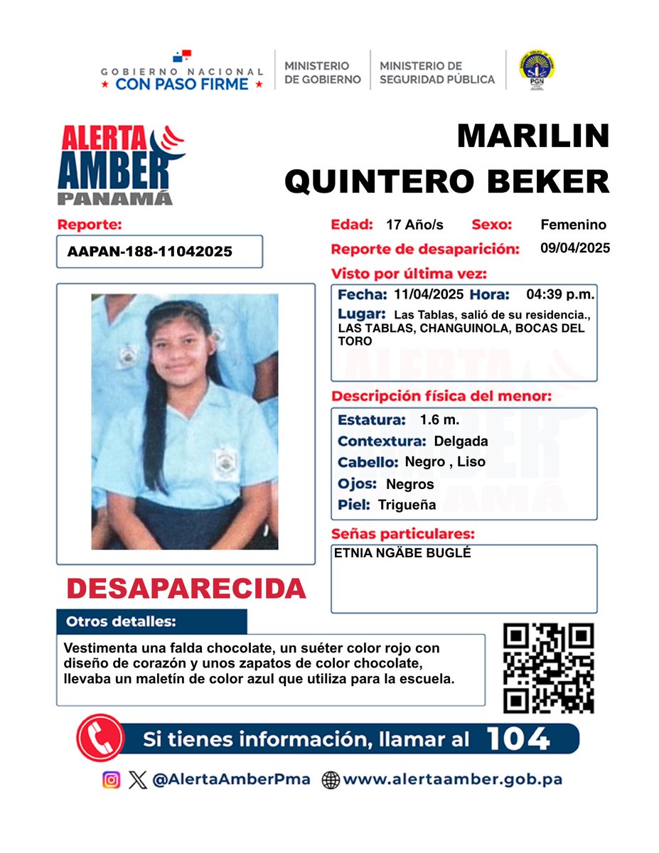 #AlertaAmber #Changuinola #BocasdelToro 17 años MARILIN QUINTERO BEKER, el sector de Las Tablas en donde vive lo separa el rio Sixaola con Costa Rica. Está exactamente en la línea fronteriza con éste País. Agradezco difundir.