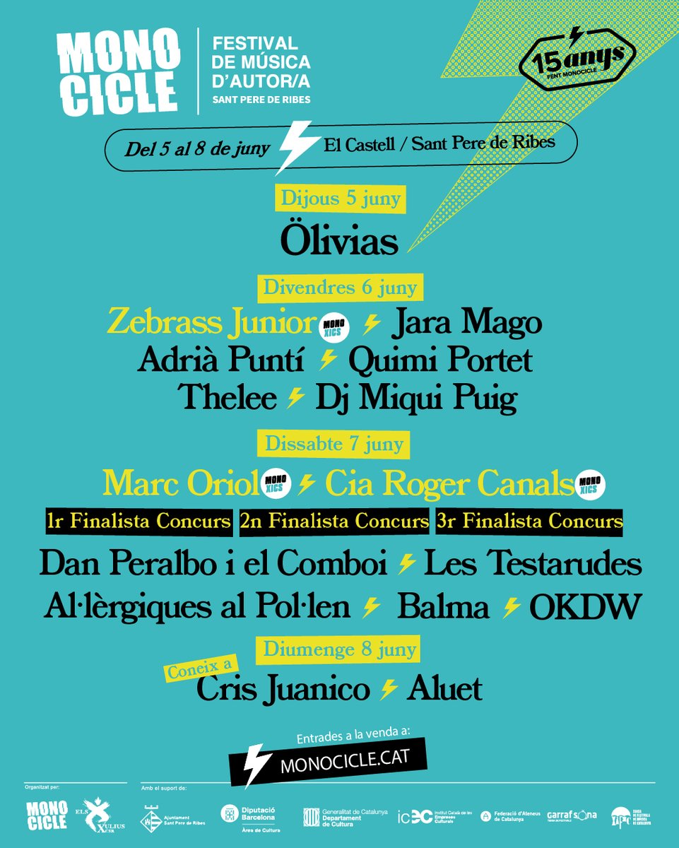 🎉 ARTISTES PER DIES!
💚 5/6: Brindis + ölivias
💛 6/6: Quimi Portet, Puntí, Jara, Thelee, DJ Miqui Puig
💚 7/6: Dan Peralbo, Testarudes, Concurs, Balma…
💛 8/6: Cris Juanico + Aluet
i molt més
🎟️ monocicle.cat