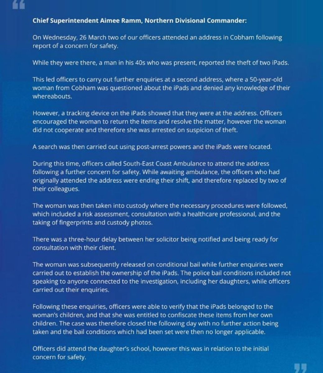 To those tagging me without awareness of the facts of this case, please see this response from Surrey Police. 

For the avoidance of doubt, I fully support the actions of officers and would urge anyone commenting to consider that they may not be in possession of the full facts