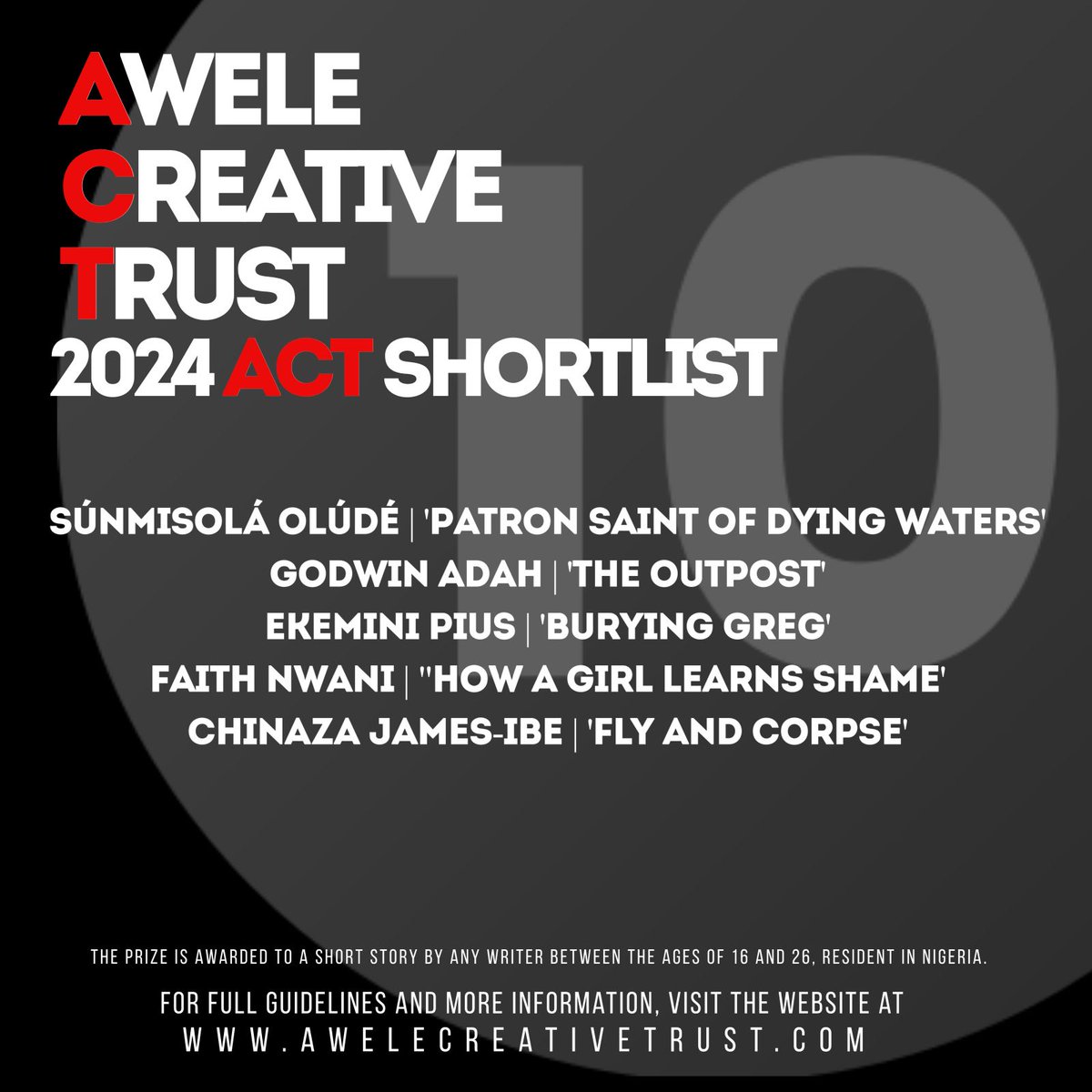 chikaunigwe's tweet photo. We are delighted to announce the shortlist for the ACT Award 2024. The five shortlisted stories explore powerful and timely themes, including patriarchy; sacrifice and redemption; love, loss, and grief; the illusion of control; hope and despair. https://t.co/z7QB9B8P8P