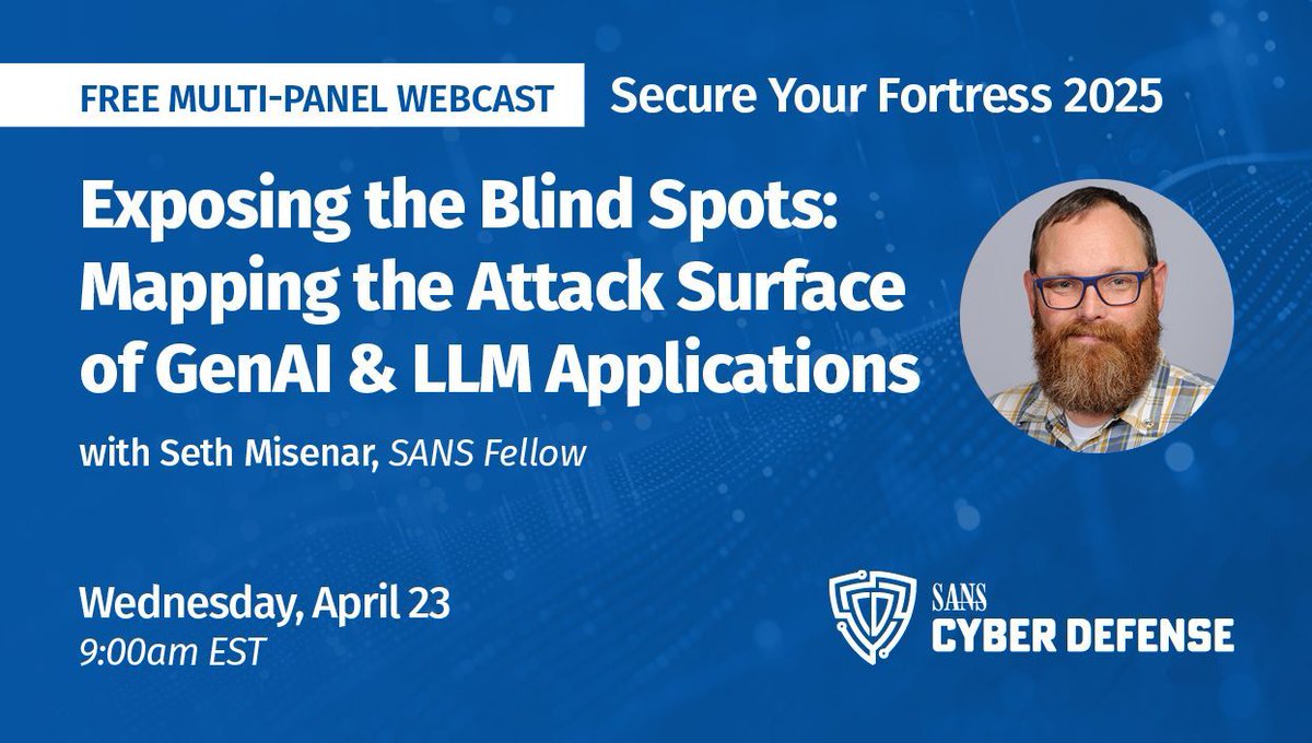 🚨 GenAI is powerful—but it’s also expanding your attack surface.

Join Seth Misenar as he exposes the hidden risks of LLM and GenAI implementations—and how to build secure, resilient AI systems.

🔗 sans.org/u/1ACQ
#SecureYourFortress #AIsecurity #GenAI #LLMsecurity