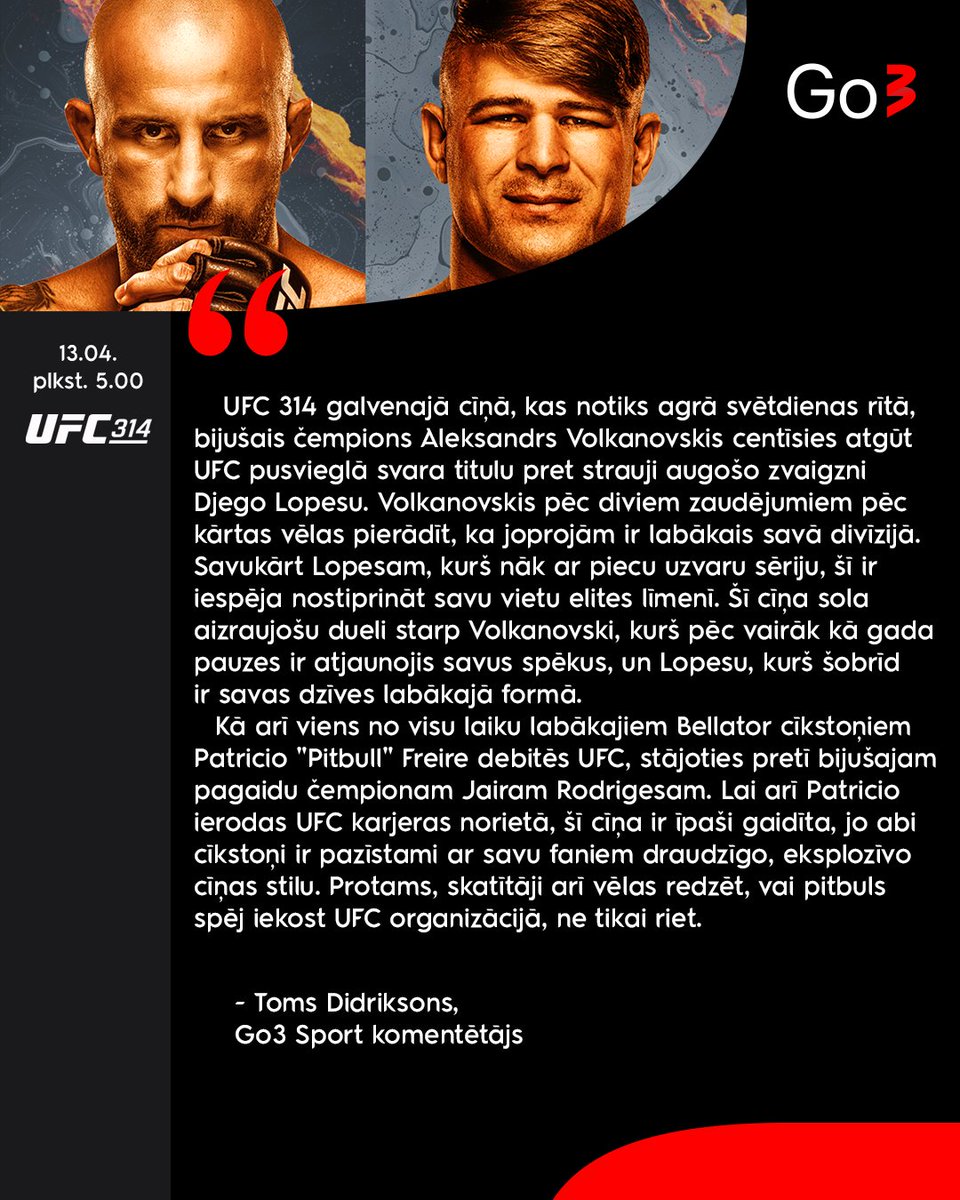 UFC cienītājiem ir divi varianti – palikt nomodā ļoti ilgi vai arī uzlikt modinātāju, lai pamostos 5.00 no rīta! ⏰ Ko varam sagaidīt no UFC 314? Iepazīsties ar Toma Didriksona komentāru, un tiekamies Go3! 💥