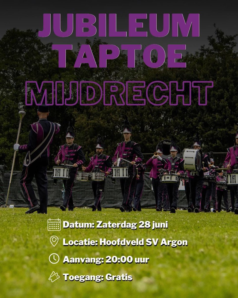 💜🎶 𝗝𝘂𝗯𝗶𝗹𝗲𝘂𝗺𝘁𝗮𝗽𝘁𝗼𝗲 𝗠𝗶𝗷𝗱𝗿𝗲𝗰𝗵𝘁 🎶💜

Deelnemende korpsen:
• Drum- en Showfanfare Advendo
• Van Limburg Stirumband
• Harpe Davids Zoetermeer
• Vrijwillig Fanfarekorps der Genie
• Show- &amp; Marchingband