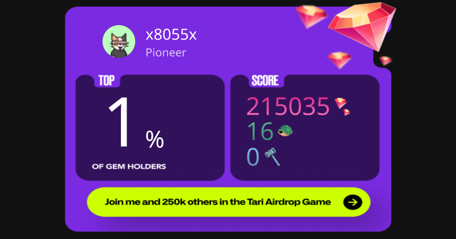 x8055x's tweet photo. I'm in the top 1% of players in the Tari Airdrop game! @tari is a new versatile layer 1 blockchain protocol built in Rust. Play the airdrop game now! https://t.co/5WreO90kYa #MyTariRank https://t.co/vqawisc6gp