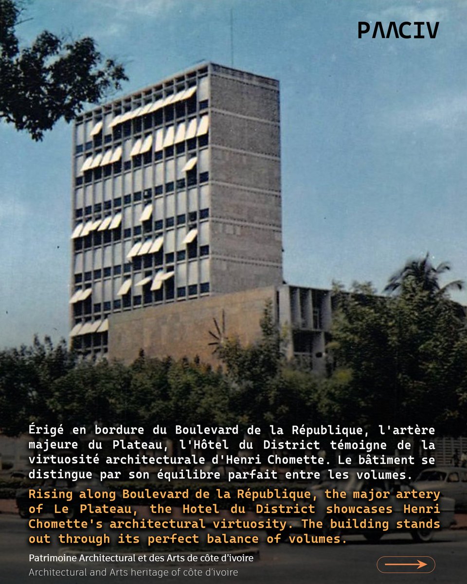 paaciv's tweet photo. 🟠Hôtel du district d’Abidjan 

Érigé en bordure du Boulevard de la République, l'artère majeure du Plateau, l'hôtel du District témoigne de la virtuosité architecturale d'Henri Chomette. Le bâtiment se distingue par son équilibre parfait entre les volumes. https://t.co/1VBQ7a2ZzY