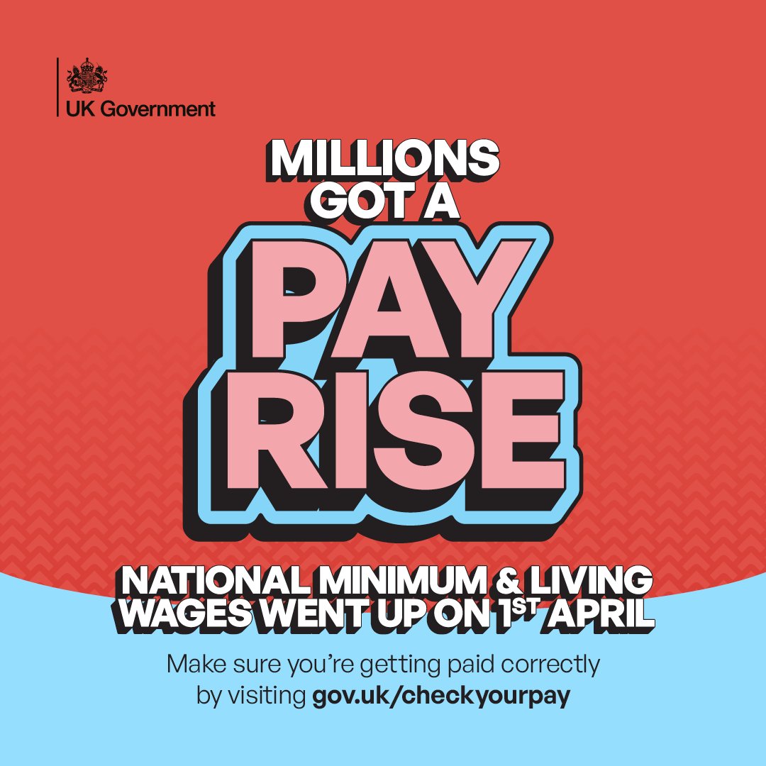 Did you know the National Minimum and Living Wage rates increased on 1 April?

Make sure you’re being paid correctly by your employer 👉🏼 gov.uk/checkyourpay

#CheckYourPay
