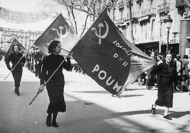 Women in the anti-Stalinist POUM marching down the Rambla, 1936. Hotel Colon, behind in Plaça Catalunya, headquarters of the pro-Soviet PSUC. Orwell's Hotel Continental to the right. I don't know photographer