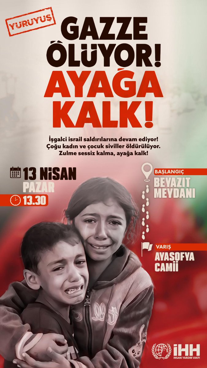 Gazze Ölüyor Ayağa Kalk

Pazar günü Gazze için Beyazıt Meydanı’nda buluşuyoruz..

📍Başlangıç: Beyazıt Meydanı
📍Varış: Ayasofya Camii

🗓️ 13 Nisan Pazar
⏰ 13:30