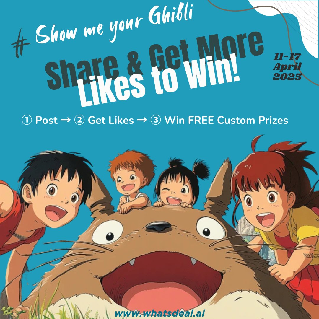 WhatsDealAI's tweet photo. 🔥【5 DAYS LEFT! Post→Get Likes→WIN Ghibli Merch!】🎨Can’t draw? Go to https://t.co/C7jE9EoTE1 or https://t.co/ZepEveh3sQ or Download https://t.co/kVSATUt65X…… (ios only) 
 Amazing prizes are waiting for u!!
👉 https://t.co/ZeV4Mxboe7 
#Giveaway #studioghibliart #AnimeArt https://t.co/ykG5BmwRcf