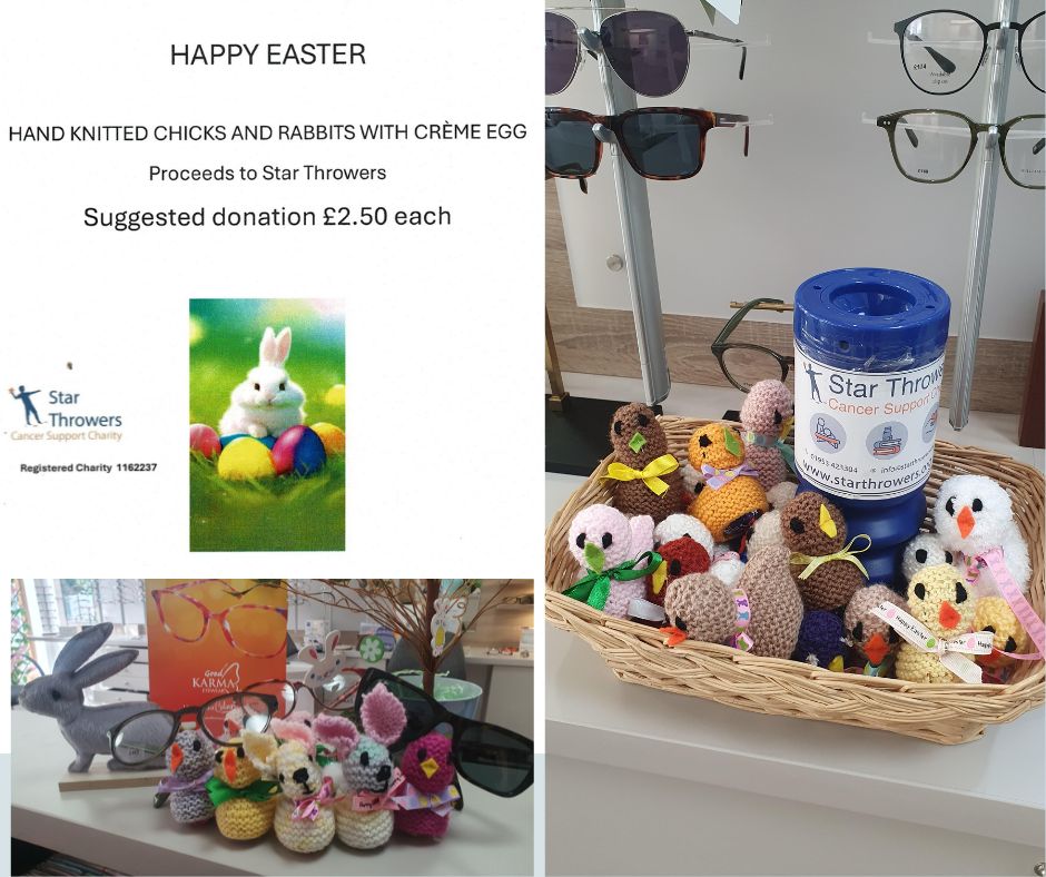 Come and grab those adorable hand-knitted chicks and bunnies. Each one comes with a delicious Crème Egg inside! These sweet little gifts have been lovingly crafted and are now available at Martin Christopher Opticians, with all proceeds going to Star Throwers.