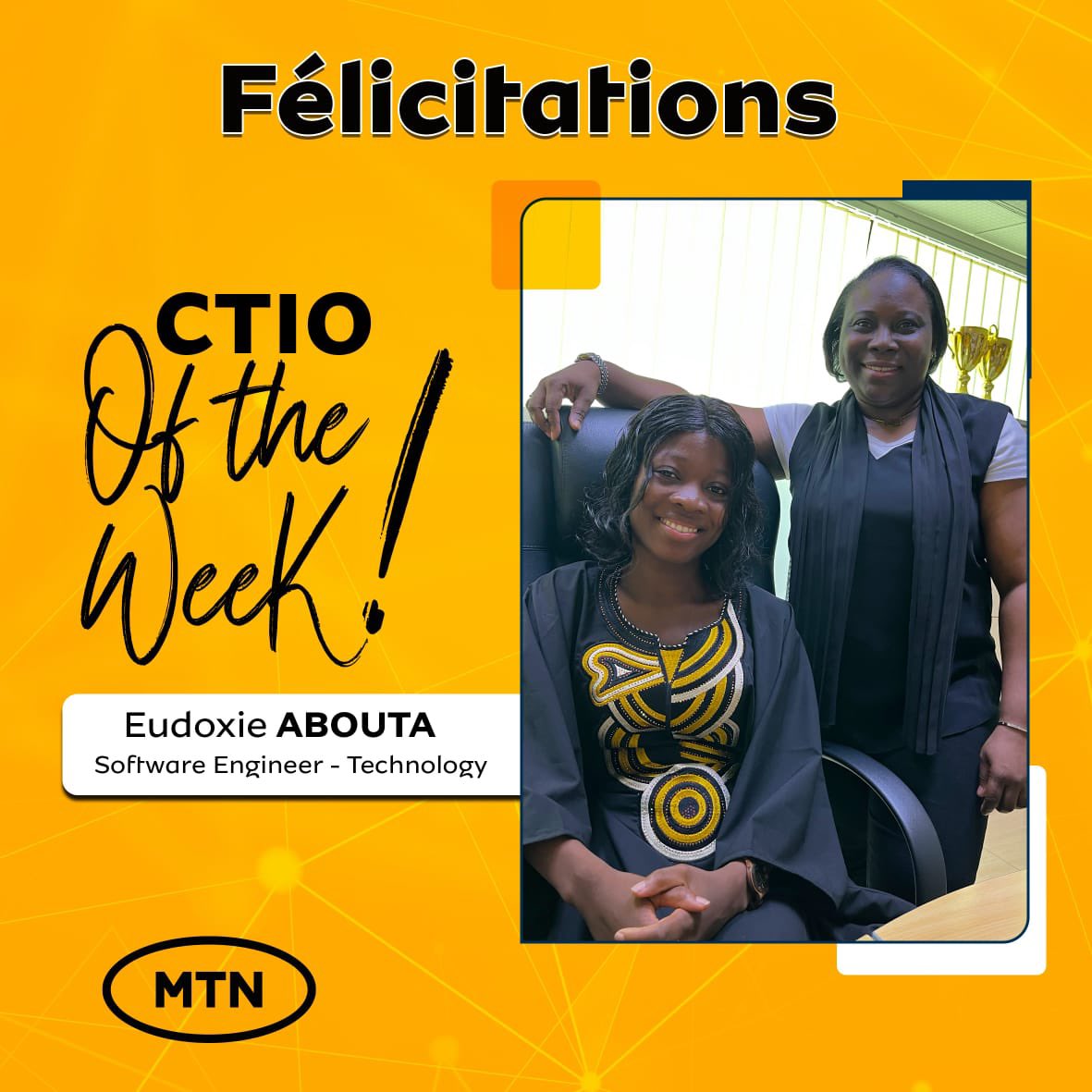 Inspired by <a href="/ucheofodile/">Uche Ofodile</a> #CEOoftheDay <a href="/MTNBenin/">MTN Benin</a>, is a new forward-thinking initiative #CTIOoftheWeek, where Eudoxie ABOUTA,a dynamic Software Engineer, served as Chief Technology&amp; Information Officer #CTIOoftheWeek shining her leadership this past week. Well done <a href="/EudoxieAbouta/">Eudoxie ABOUTA</a>