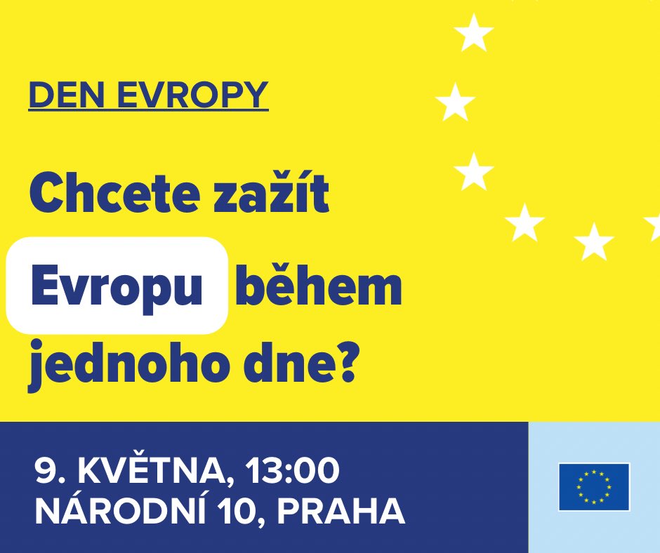 I letos společně oslavíme Den Evropy! 🥳
Doražte k nám na Národní 10 do centra Zažijte Evropu.

Co vás čeká?
👉AZ kvíz na cestách po Evropě(ano, s Alešem Zbořilem)
👉živé natáčení podcastu Café Evropa
👉prezentace členských zemí EU
👉soutěže o ceny
👉aktivity pro děti

Těšíme se!