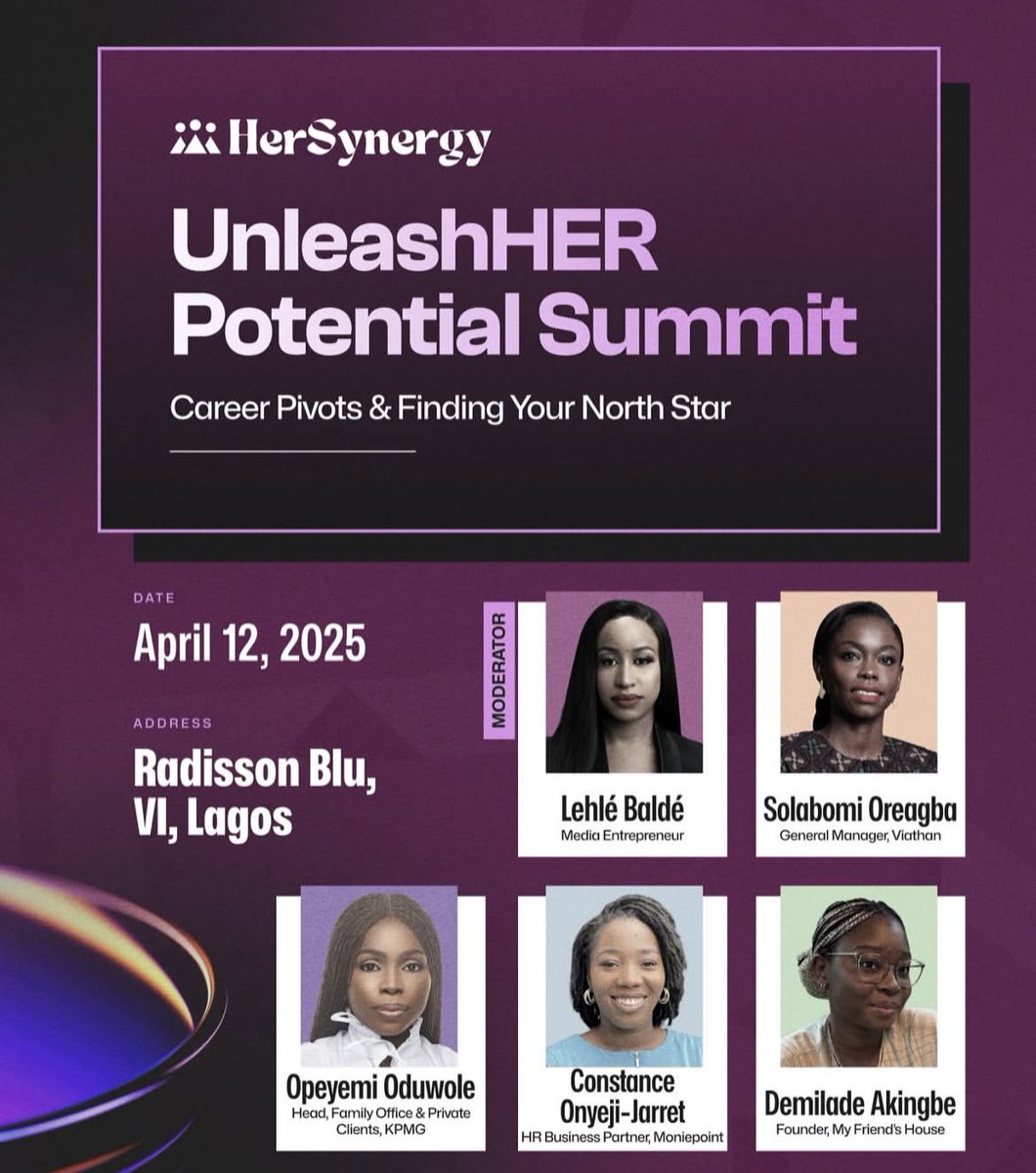 lehlelalumiere's tweet image. Excited to moderate the HerSynergy: UnleashHER Potential Summit on Career Pivots &amp;amp; Finding Your North Star w powerhouse women leaders: Solabomi Oreagba | Opeyemi Oduwole | Constance Onyeji-Jarret | Demilade Akingbe. Let’s talk growth, purpose &amp;amp; bold moves.
#UnleashHER #Moderator