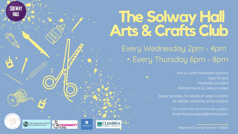 The Solway Hall (@thesolwayhall) on Twitter photo Come and join us and be creative!
Every Wednesday 2pm - 4pm and Thursdays 6pm - 8pm
All welcome, refreshments also provided, no need to book!
For more info email thesolwayhall@hotmail.com facilitated by <a href="/twccreateart/">Together We Can Create</a> thanks to our funders <a href="/TNLComFund/">The National Lottery Community Fund</a> & <a href="/WestonFdn/">Garfield Weston Foundation</a> Come and join us and be creative!
Every Wednesday 2pm - 4pm and Thursdays 6pm - 8pm
All welcome, refreshments also provided, no need to book!
For more info email thesolwayhall@hotmail.com facilitated by <a href="/twccreateart/">Together We Can Create</a> thanks to our funders <a href="/TNLComFund/">The National Lottery Community Fund</a> & <a href="/WestonFdn/">Garfield Weston Foundation</a>