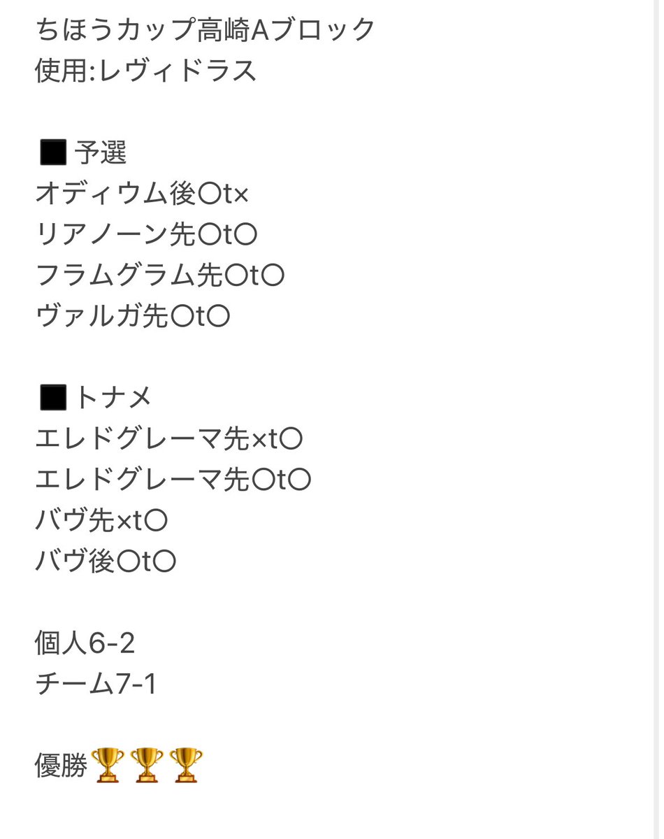 shiki_zz's tweet photo. 改めましてちほうカップ高崎Aブロック優勝しました🏆

組んでくれたらび(@wak324 )と
ちゃそ(@eternalPacifica )本当にありがとう😭

準々決勝のエレドグレーマ、
決勝のバヴ乗り越えれたの脳汁やばかった！

初めての全国楽しみます😁 https://t.co/kZiDSyfxOG