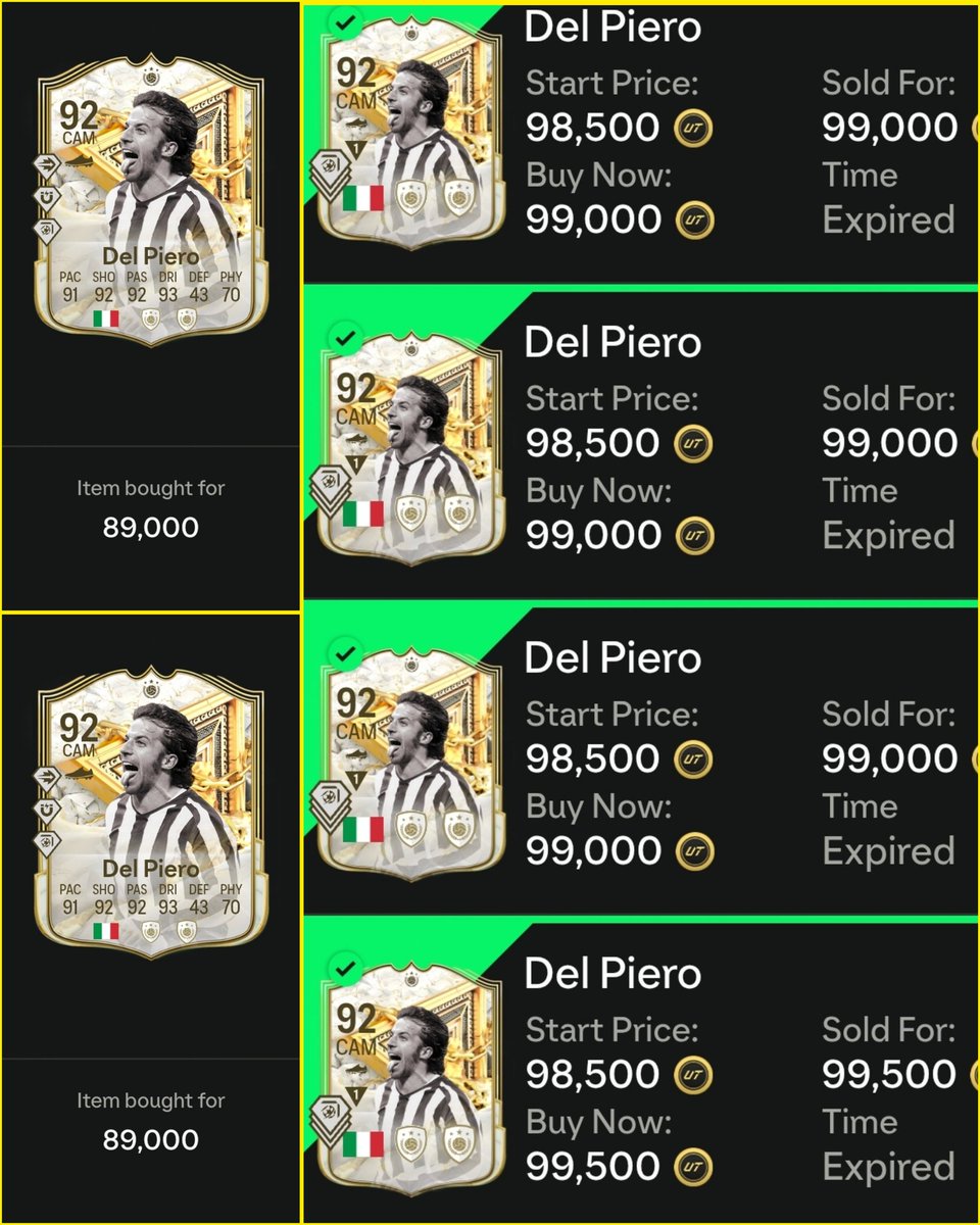 TradeMaster91's tweet photo. Overnight Flips Hit Again!
Nothing crazy, but profit is profit โ we take those!
#FUTGrind #EAFC25
Del Piero
๐ฎ๐น 89k โ 99k (+5k/card)
Smooth little finesse flip
#DelPiero #IconFlips
Matthรคus
๐ฉ๐ช 60k โ 69k (+5.5k/card)
German efficiency doing numbers
#Matthรคus #MidfieldBoss
Mascherano
๐ฆ๐ท 180k โ 220k (+29k/card)
Big boy flip โ elite movement
#Mascherano #W
Zambrotta
๐ฎ๐น 28k โ 33k (+3.3k/card)
Quick gains, we take those
#OvernightFlips #FUTMarket #CoinsUp #EAFC25