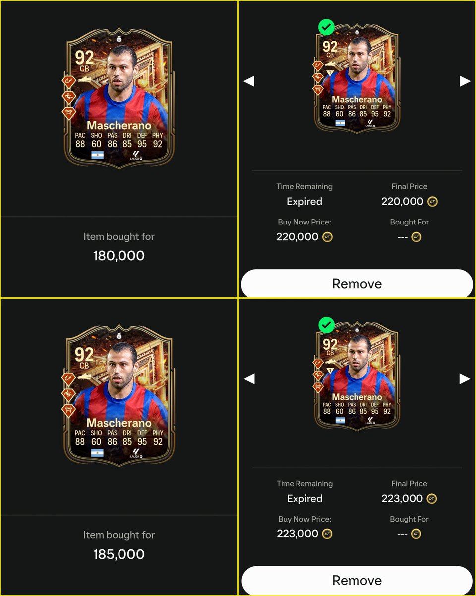 TradeMaster91's tweet photo. Overnight Flips Hit Again!
Nothing crazy, but profit is profit โ we take those!
#FUTGrind #EAFC25
Del Piero
๐ฎ๐น 89k โ 99k (+5k/card)
Smooth little finesse flip
#DelPiero #IconFlips
Matthรคus
๐ฉ๐ช 60k โ 69k (+5.5k/card)
German efficiency doing numbers
#Matthรคus #MidfieldBoss
Mascherano
๐ฆ๐ท 180k โ 220k (+29k/card)
Big boy flip โ elite movement
#Mascherano #W
Zambrotta
๐ฎ๐น 28k โ 33k (+3.3k/card)
Quick gains, we take those
#OvernightFlips #FUTMarket #CoinsUp #EAFC25