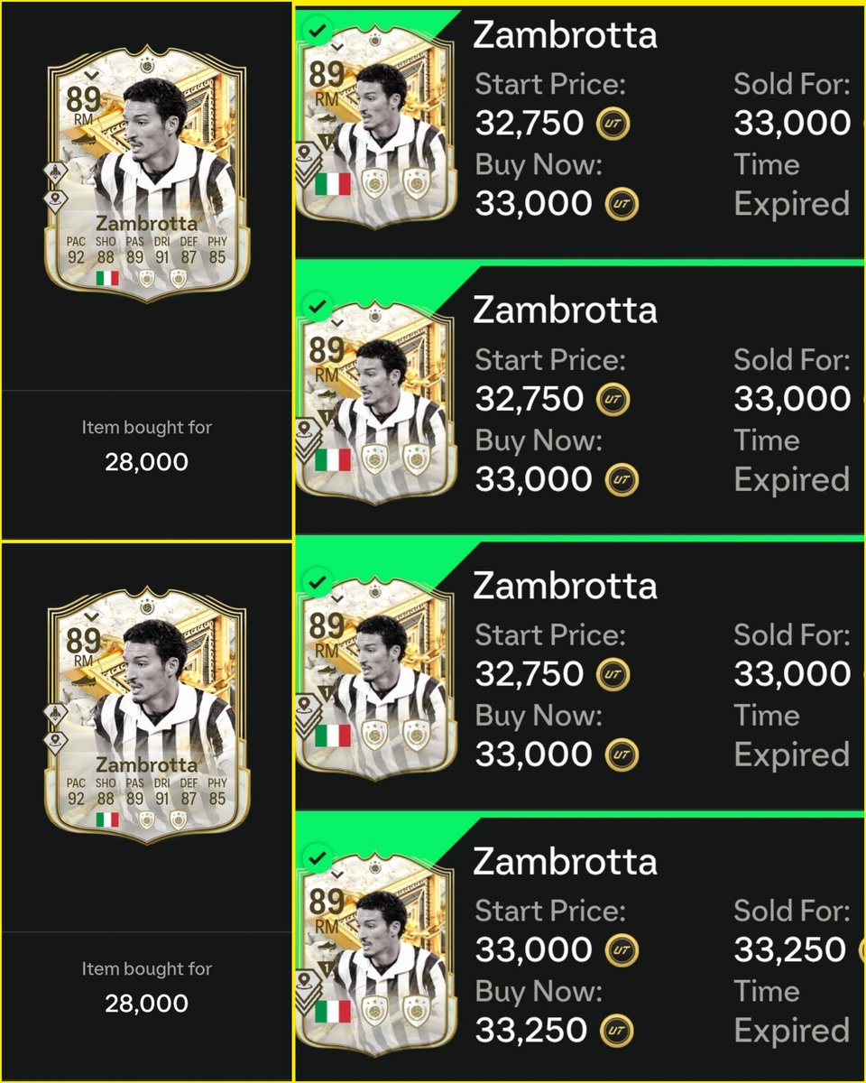 TradeMaster91's tweet photo. Overnight Flips Hit Again!
Nothing crazy, but profit is profit โ we take those!
#FUTGrind #EAFC25
Del Piero
๐ฎ๐น 89k โ 99k (+5k/card)
Smooth little finesse flip
#DelPiero #IconFlips
Matthรคus
๐ฉ๐ช 60k โ 69k (+5.5k/card)
German efficiency doing numbers
#Matthรคus #MidfieldBoss
Mascherano
๐ฆ๐ท 180k โ 220k (+29k/card)
Big boy flip โ elite movement
#Mascherano #W
Zambrotta
๐ฎ๐น 28k โ 33k (+3.3k/card)
Quick gains, we take those
#OvernightFlips #FUTMarket #CoinsUp #EAFC25